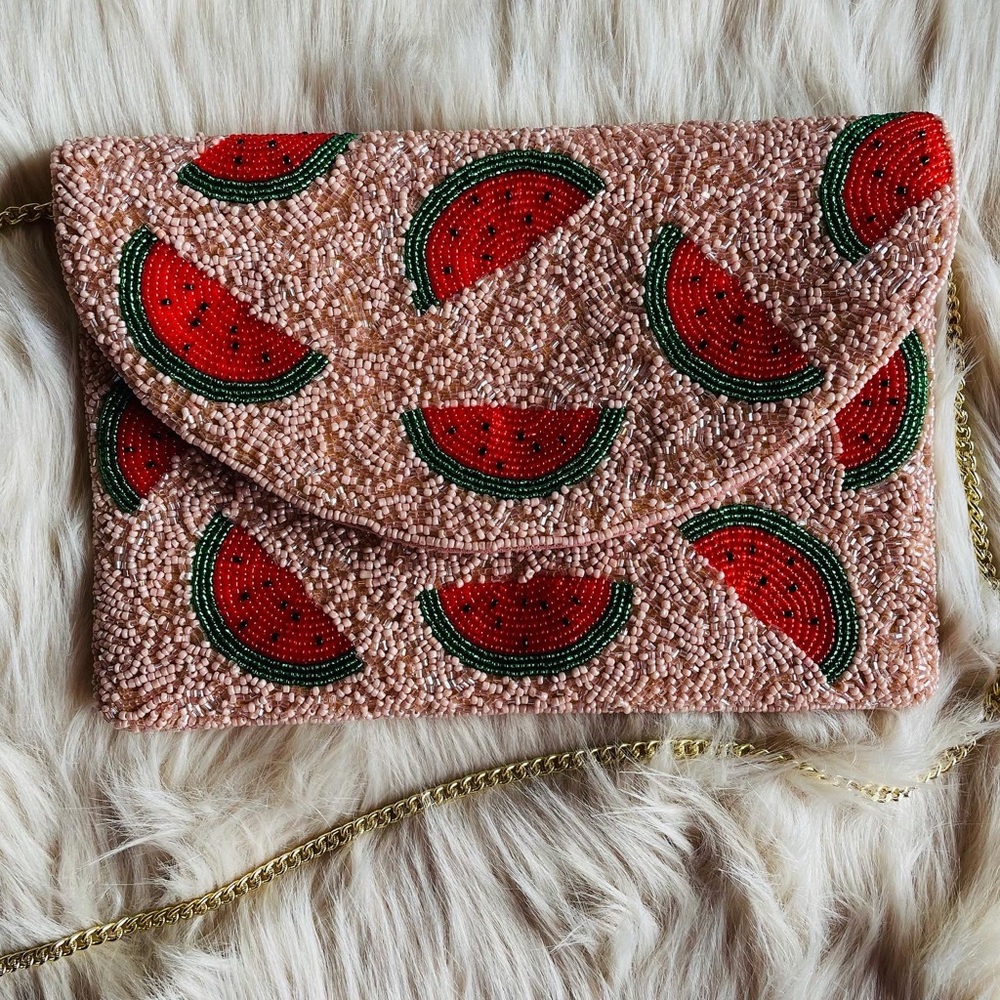 Juicy Details beaded clutch with gold chain